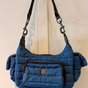 THINK ROYLN Quilted Denim Blue Shoulder Bag with Black Strap